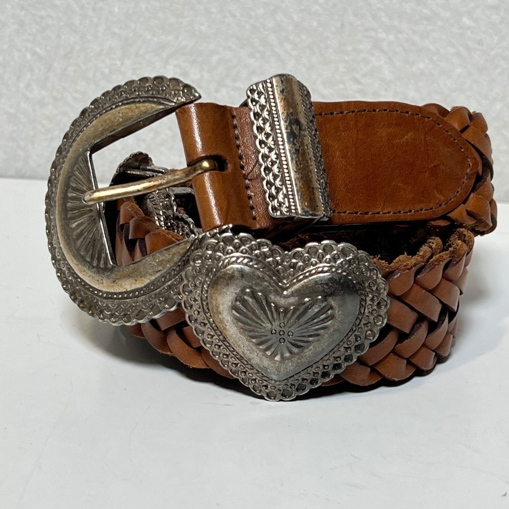 Brighton Womens Belt Braided Leather Heart Concho S Tan Brown Vintage 1991 Woven